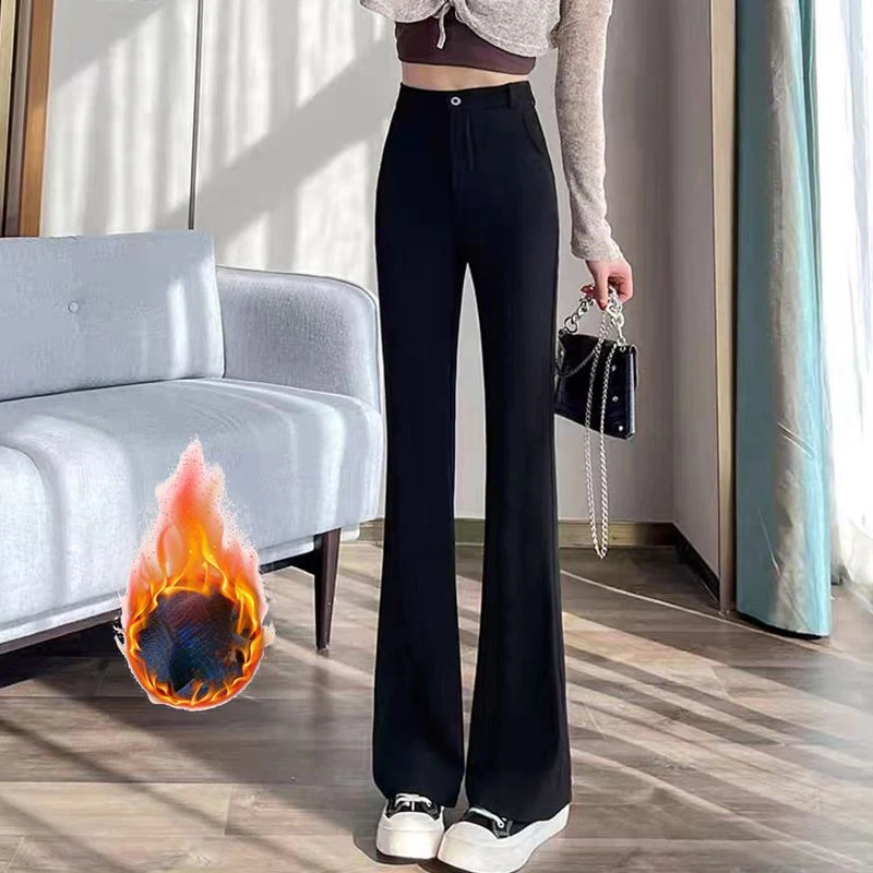 Solid Flare Women Clothing New Slim High Waist Elastic Casual Fashion Elastic Waist Plus Fleece Office Lady Comfortable Pants