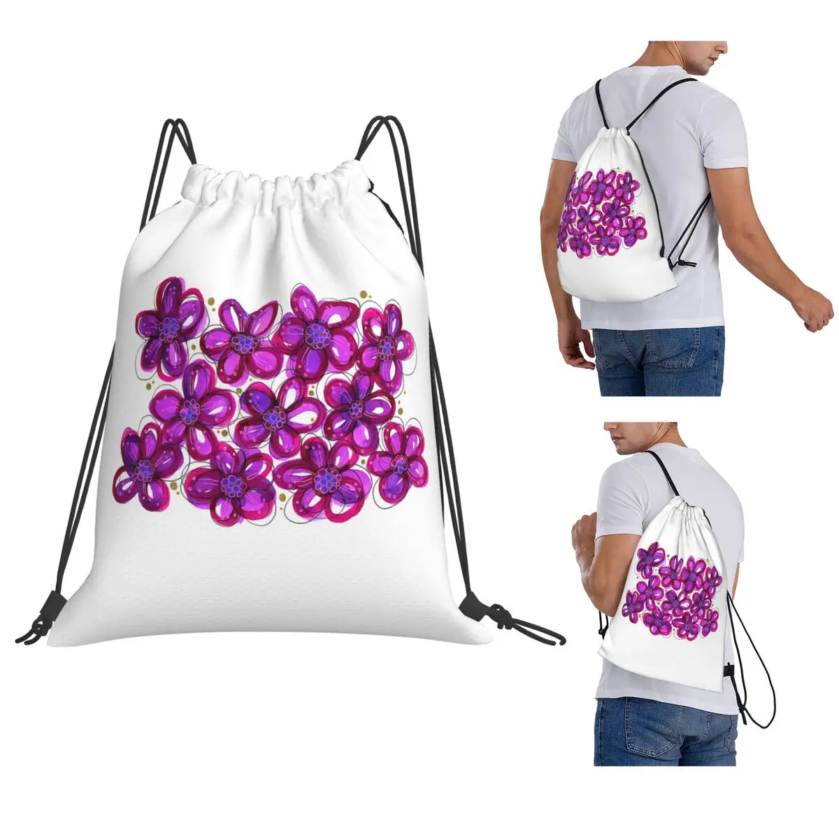 

Summer Garden With Purple Flowers Backpacks Portable Drawstring Bags Storage Bag Book Bags for Travel Students
