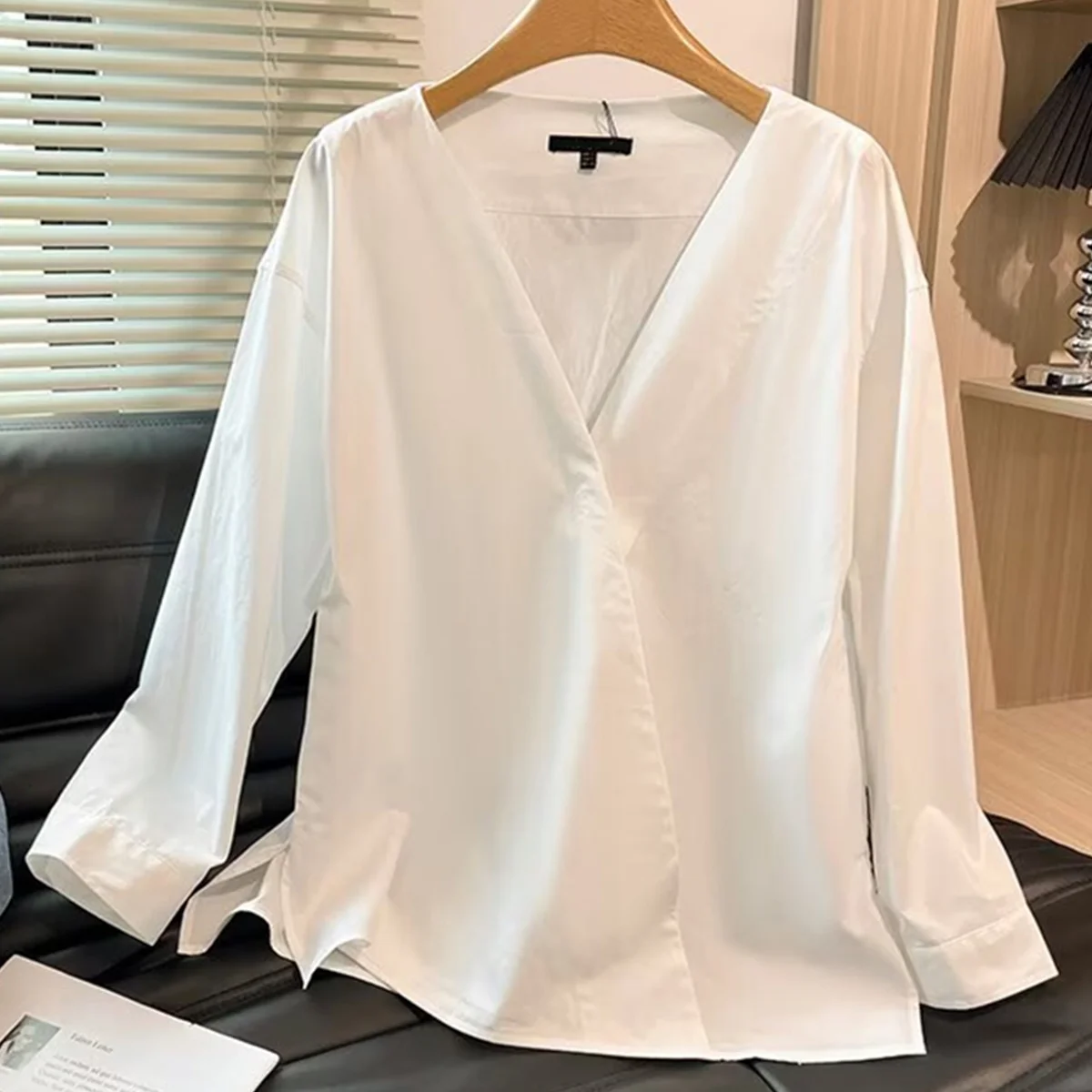 

Dave&Di, осенняя рубашка с длинными рукавами, французская минималистичная белая рубашка с перекрестной оберткой, женская рубашка с v-образным вырезом, кимоно, блузка, пуловер, топы