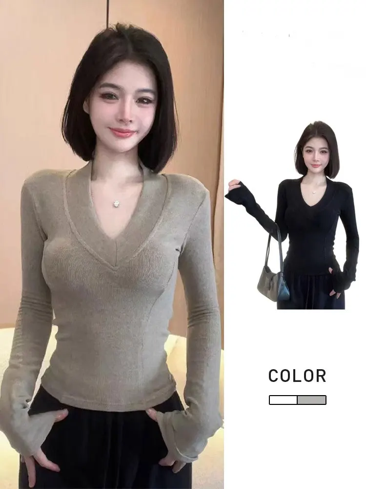 Sexy Spicy Girl V-Neck Long Sleeve T-Shirt Women's Autumn Winter New Style High-End Slimming Inner Wear Base Shirt Flocking Top