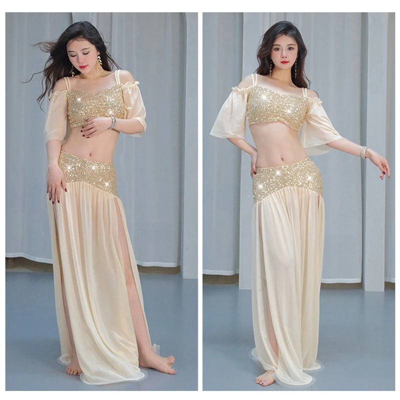 Elegante dança do ventre topos + saia conjunto feminino roupas de dança oriental lantejoulas senhora competição palco desempenho prática traje