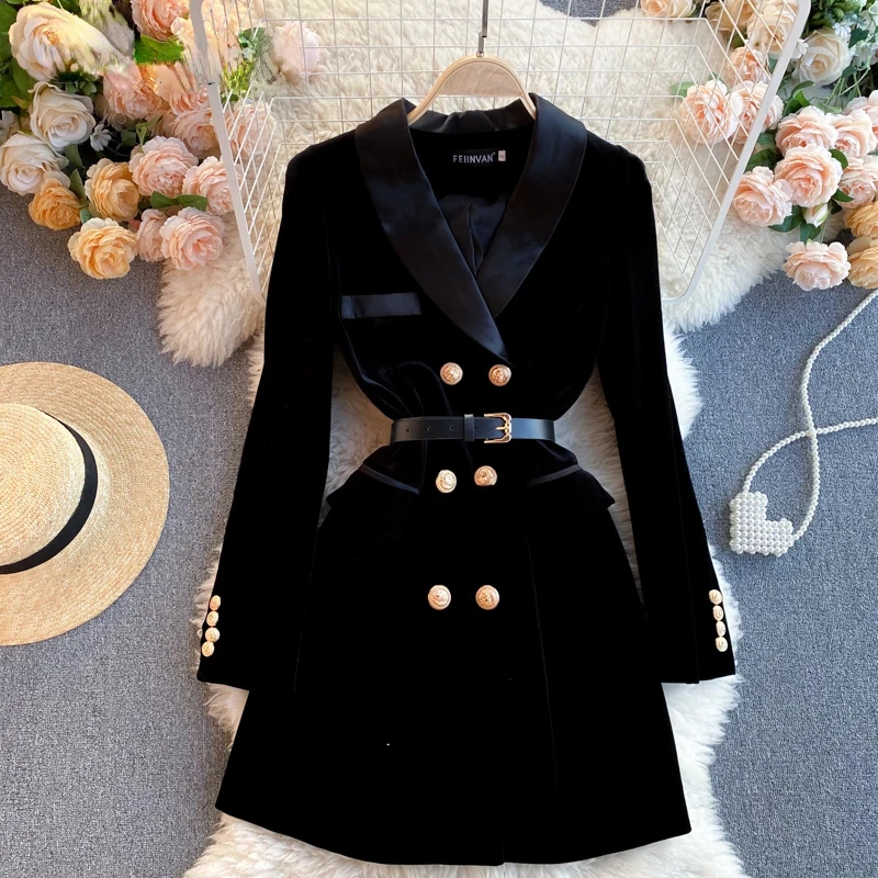 

Blazer Coat Women Velvet Suit Jacket Winter Double Breasted Long Sleeve Ladies Black Blazer Belt Women Slim Suit Blazer Outwear