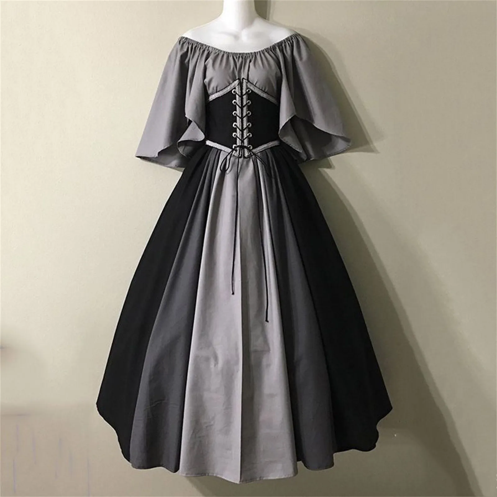 European and American Medieval Retro Contrasting Slim Fitting Skirt with Flying Sleeves Large Swing Skirt One Shoulder Dress