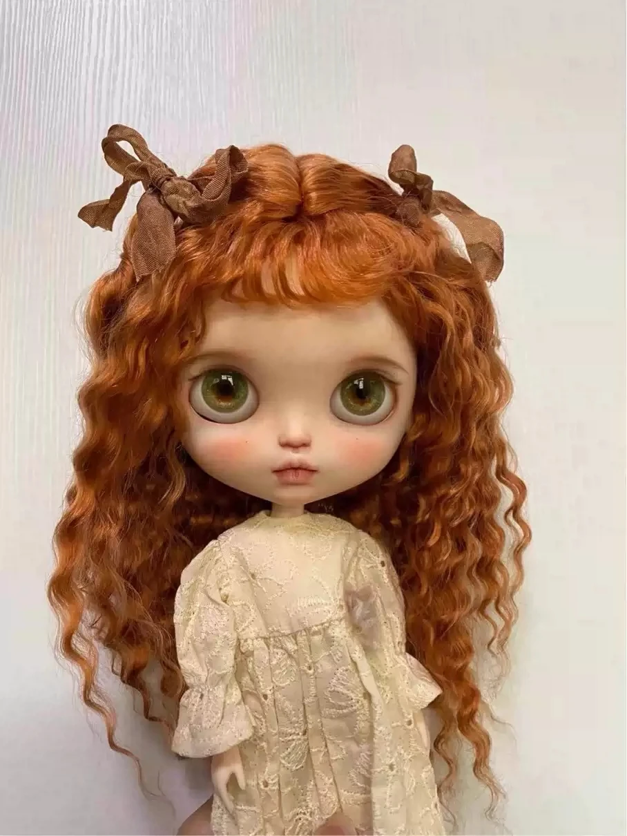 Dula Doll Wigs for Blythe Qbaby Mohair Carrot, dark brown Small brown curls 9-10 inch head circumstance