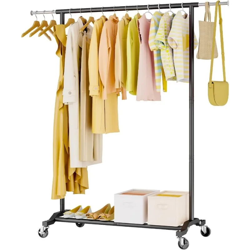 Clothes Rack with Wheels, Clothing Rack for Hanging Clothes with Extendable Rod, Rolling Garment Rack with Shelf Metal Closet