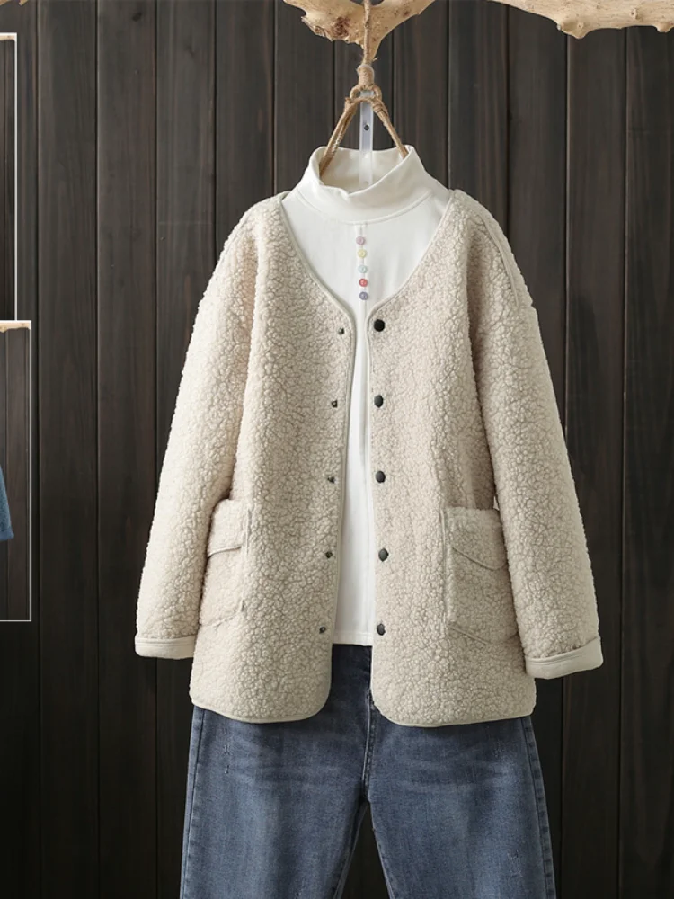 Winter New Oversized Women Fur Coats V-Neck Solid Button Pocket Thicken Warm Female Outwear Jackets Tops