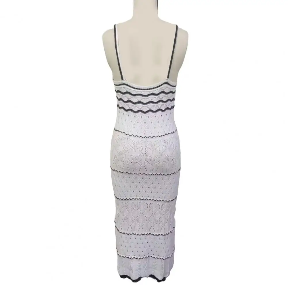 ผู้หญิงโครเชต์แขนยาวชุดชายหาดฤดูร้อนถักชุด Cami สปาเก็ตตี้ตาไก่ลาย Midi Dress