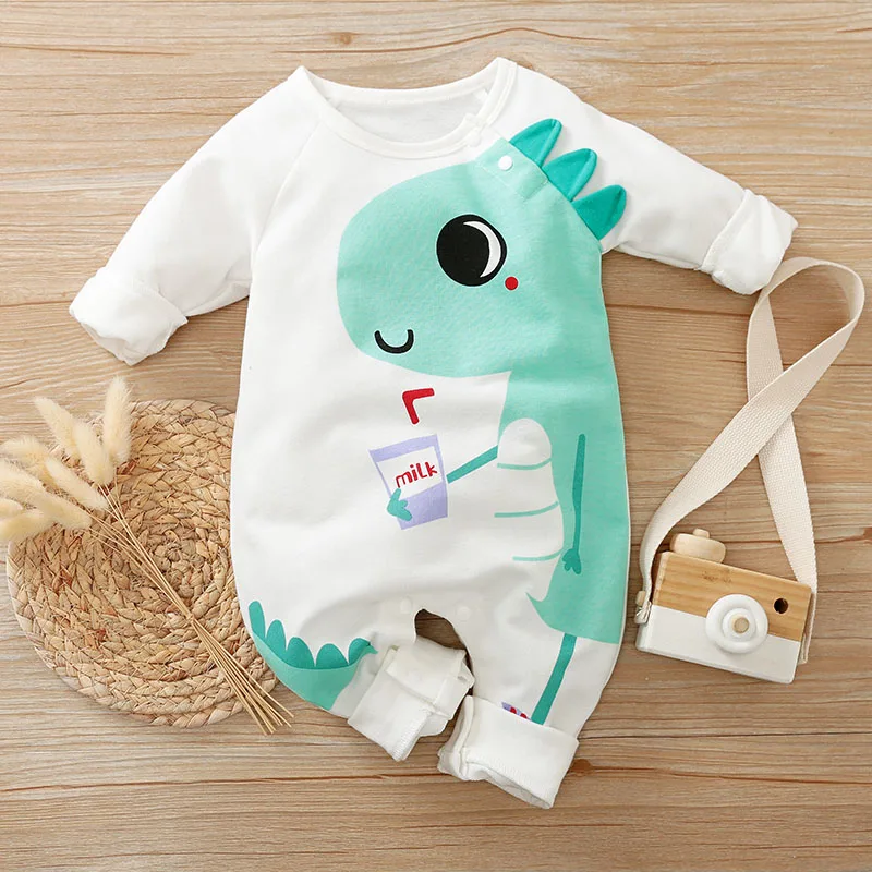 Spring And Autumn Boys And Girls\' Cute Cartoon Dinosaur 3d Printing Long Sleeve Baby Bodysuit