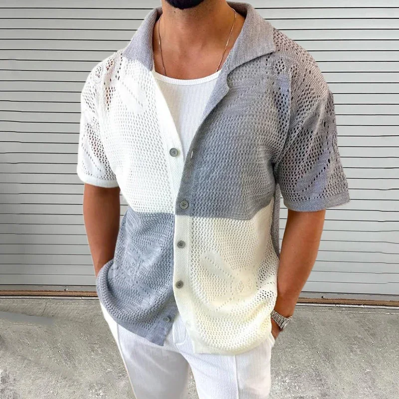 Fashion Patchwork Knit Shirt for Men Summer Breathable Hollow Out Knitted Casual Shirts Mens Streetwear Vintage Button Lapel Top