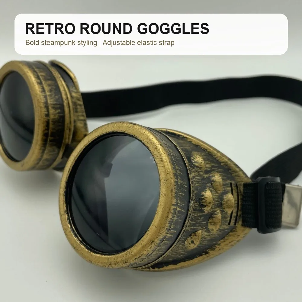 Steampunk Round Goggles Retro Costume Eyewear with Dark Lenses Adjustable Elastic Strap for Cosplay Festival Party Photo Props