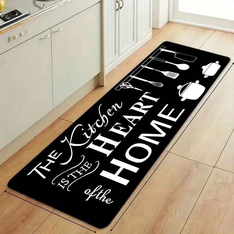 Schwarz-weiße Küchenmatte mit Utensilien und „The Kitchen Is The Heart of The“-Design – rutschfeste Bodenmatte, Herd, Eingangsbereich