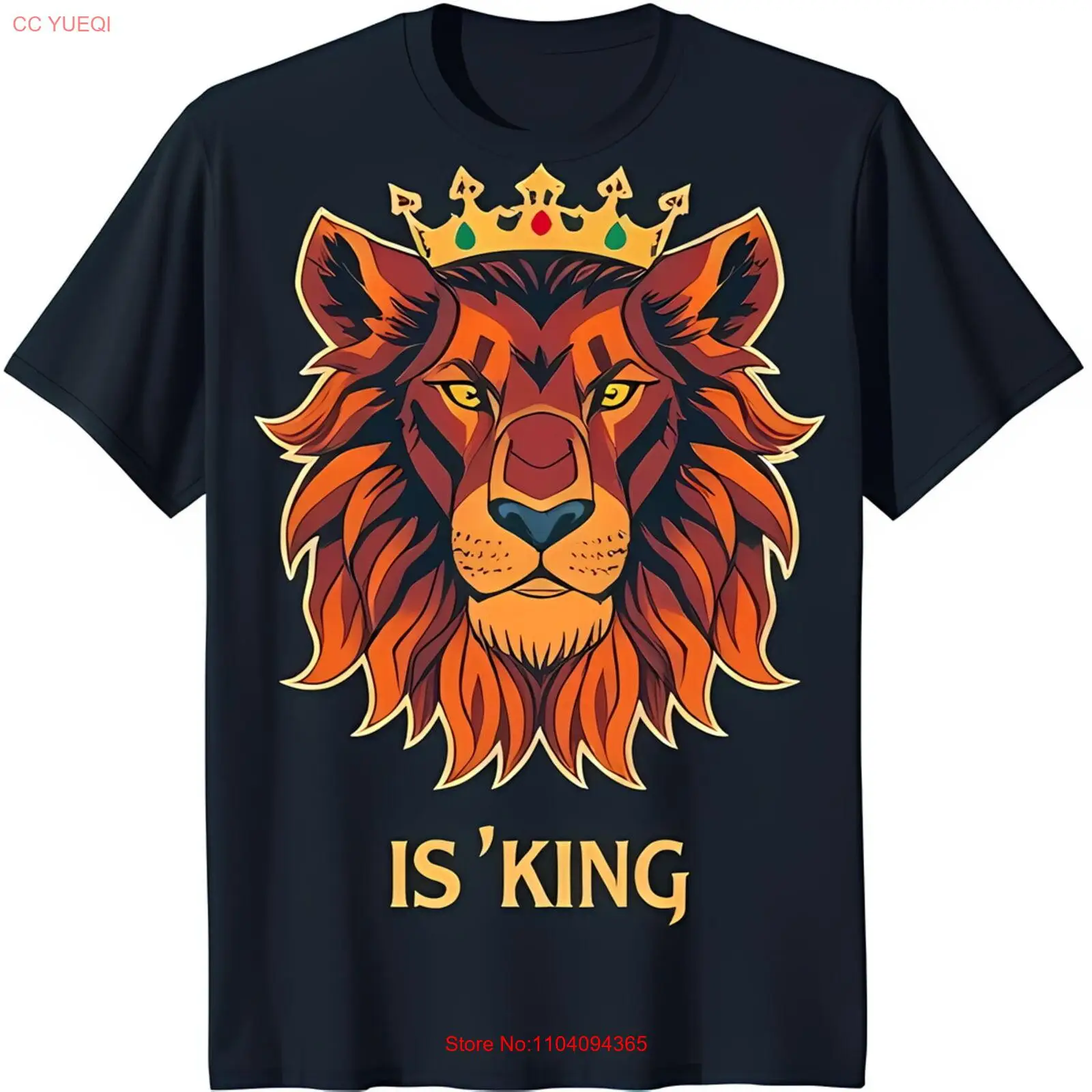 Fierce Lion Graphic T-Shirt with Gold Crown & 'IS' KING' Print Dark Blue