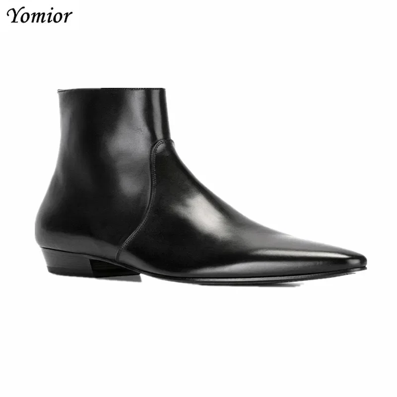New Real Cow Leather Men Pointed Toe Chelsea Boots Male Ankle Boots Slip-On Casual Dress Business Autumn Winter Business Shoes