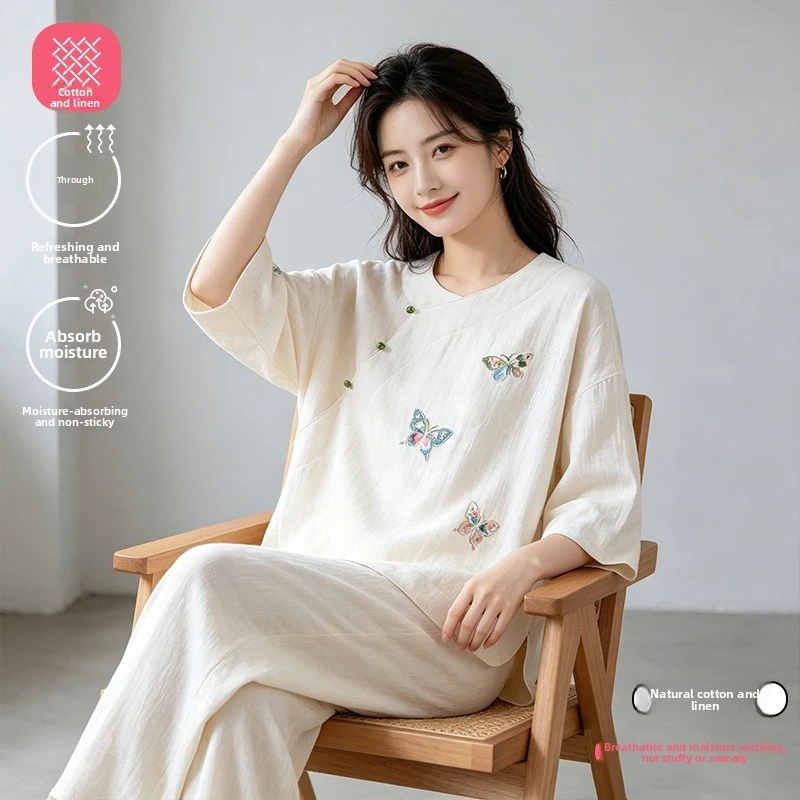 2pcs Women's Pajama Set Modern Chinese Style 100% Cotton Linen 9/4 Sleeve Long Pants Lightweight Loose Breathable Wearable Outsi