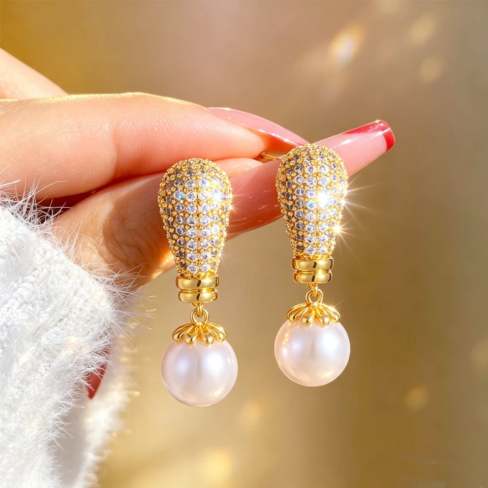 Yupsk 1 Pair Elegant Micropaved Zirconia Round Imitation Pearl Drop Earrings for Women Exquisite Wedding Ear Accessories