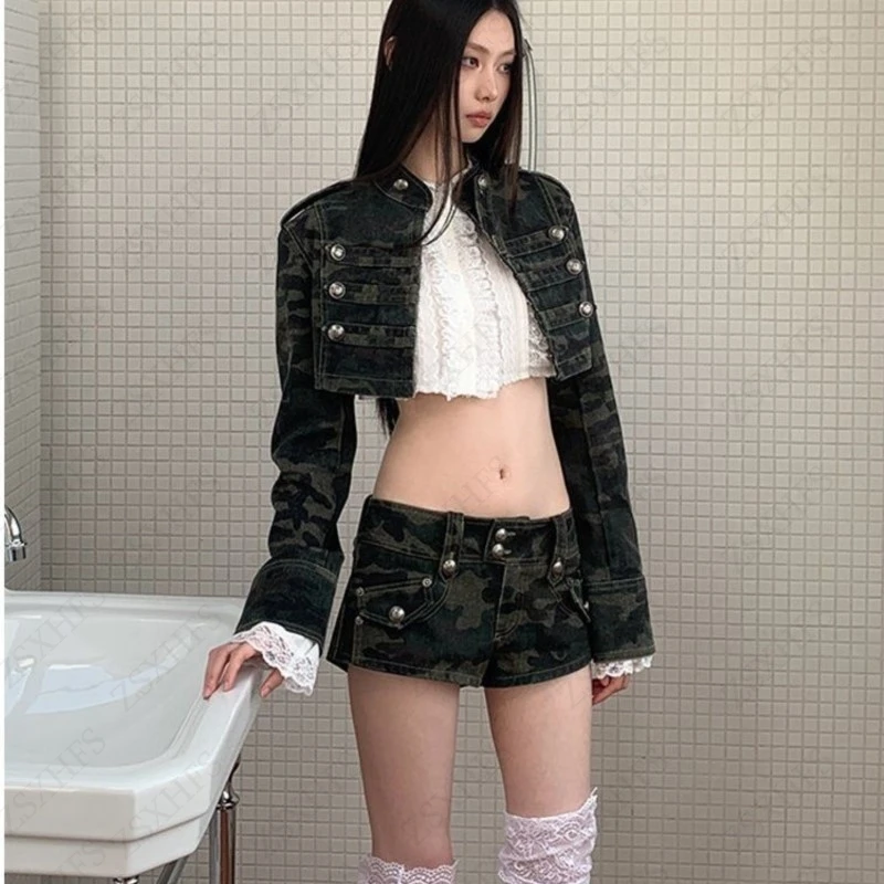 Gothic Camouflage Cargo Jackets Short Coats High Street Fashionable Sexy Slim Crop Tops American Hip hop Vintage Casual Jackets