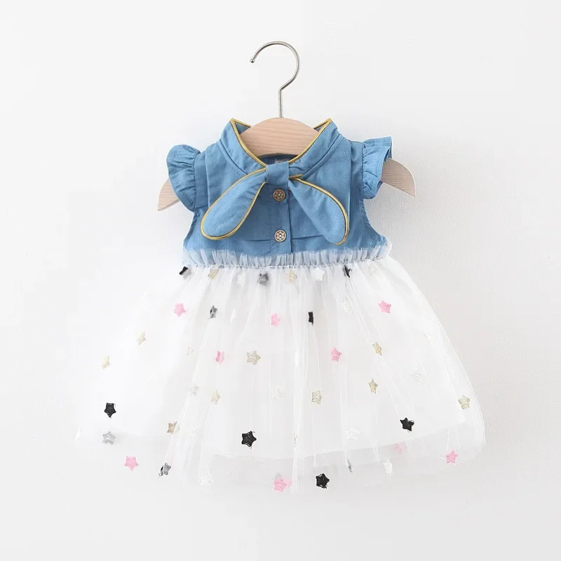 New Summer Denim Patchwork Star Tulle Baby Girl Princess Dress With Sweet Little Flying Sleeves Children'S Clothing