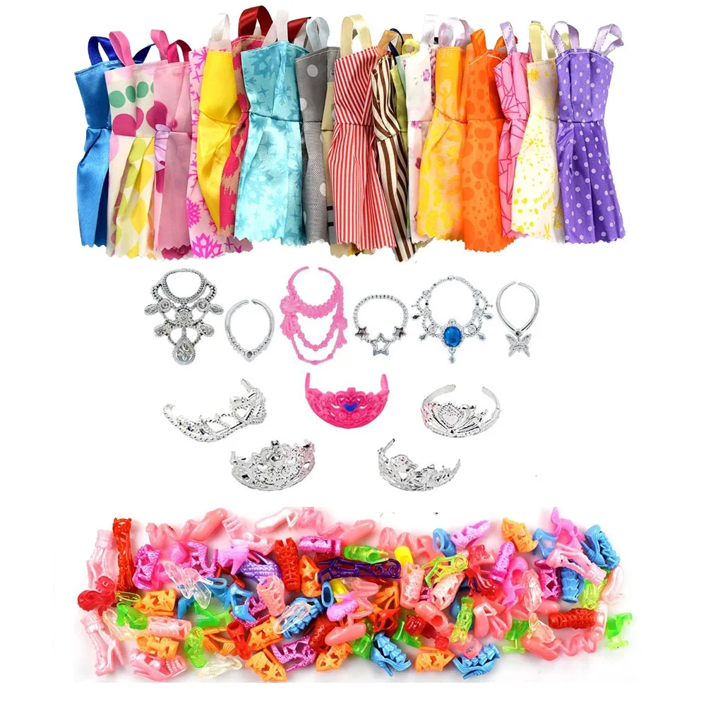 Fashion Dollhouse Items Cheap 32 Pcs/set= Random10 Dress +10 Shoes+6 Necklace+6 Crowns Good Quality Doll Accessories for Barbie