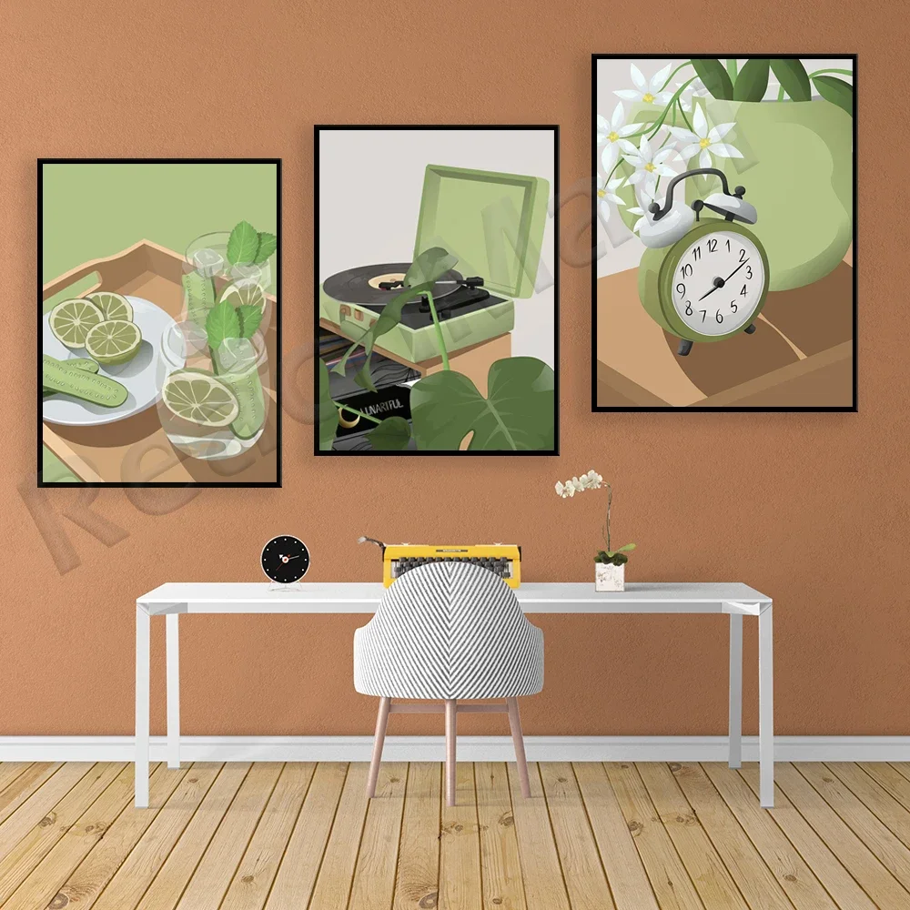 Aesthetic mint poster, flower, alarm clock, aesthetic picnic, cucumber lemon, vintage suitcase record player illustration,