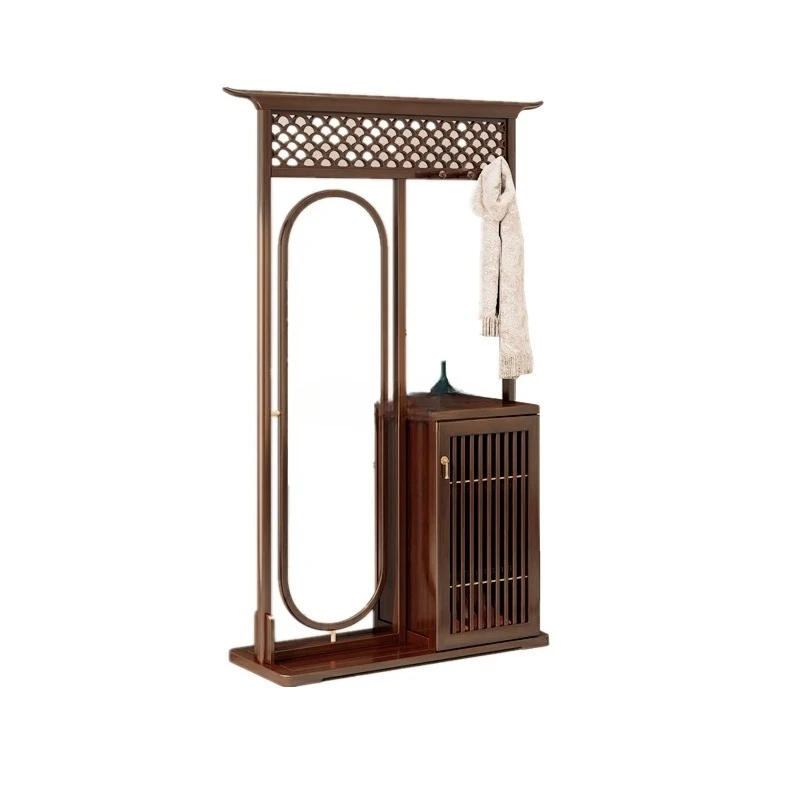 

New Chinese-style solid wood floor-to-ceiling integrated coat rack entry full-body full-length mirror shoe cabinet