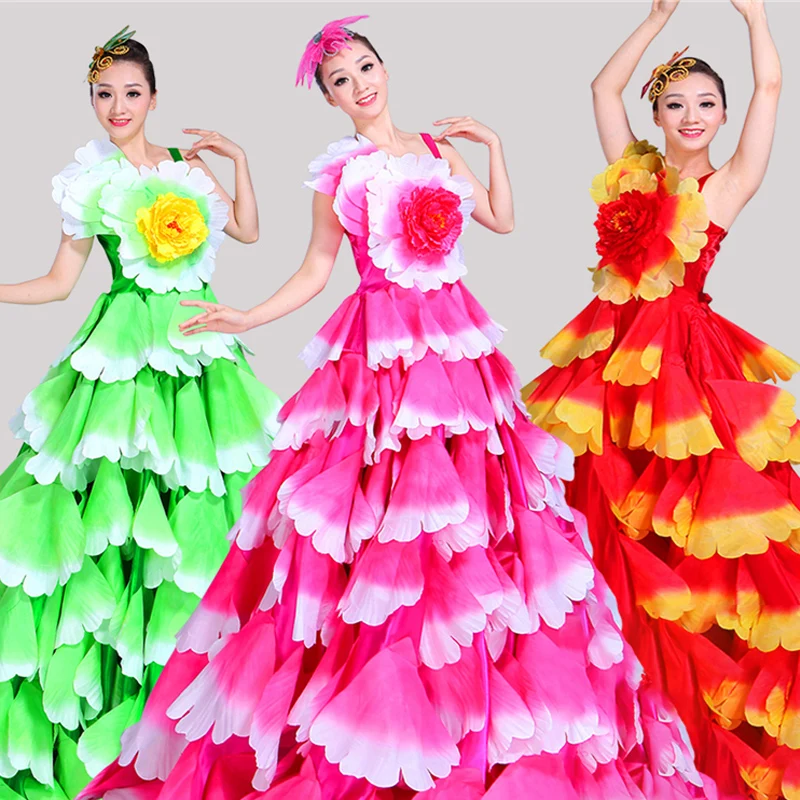 Flamenco Dress Modern Dance Gypsy Skirt Big Petal Dress 180/360/720 Degree Women Spain Spanish Chorus Stage Performance Costume