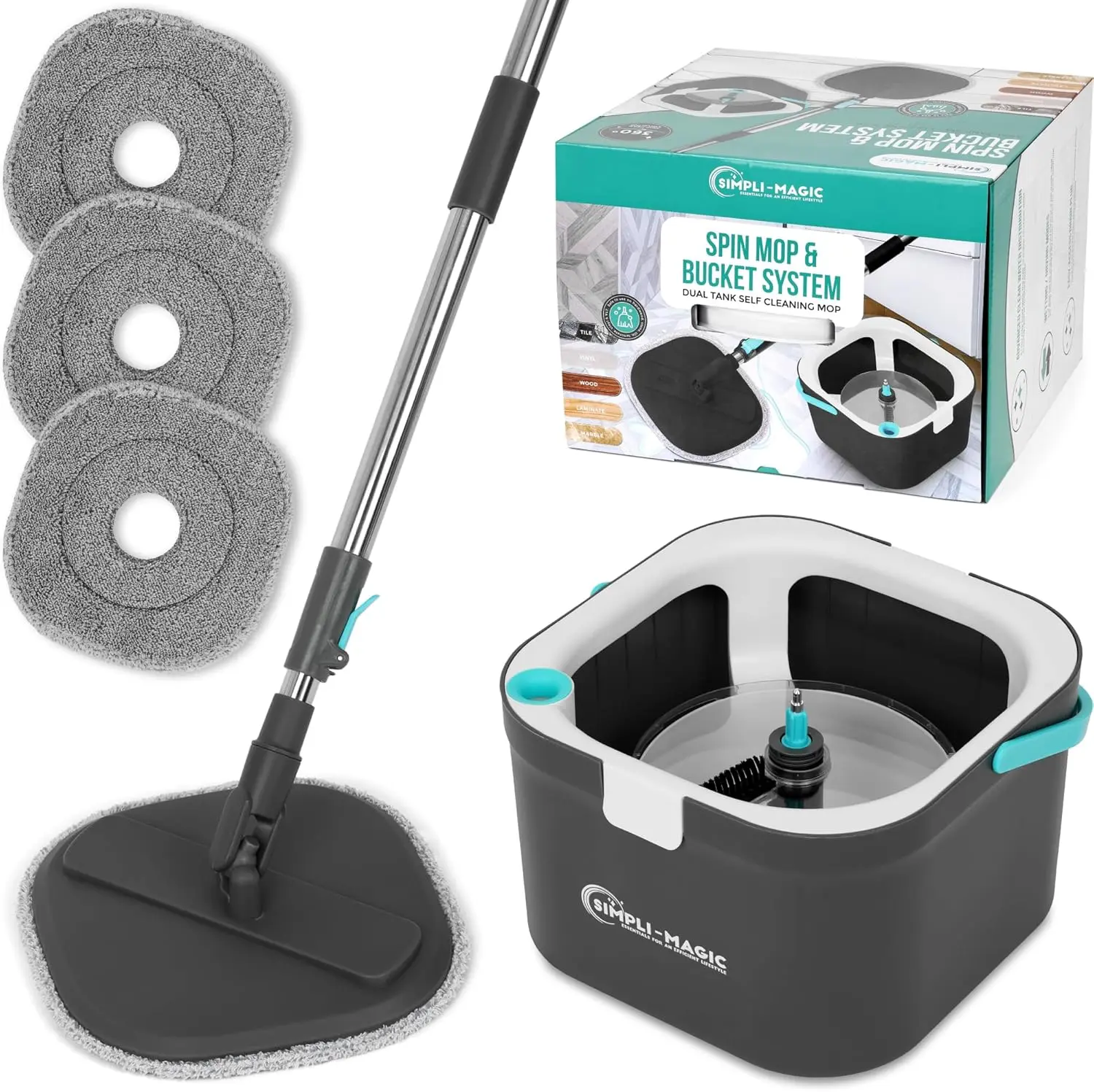 

360° Square Spin Mop and Bucket System with Dual Compartment for Clean and Dirty Water Separation