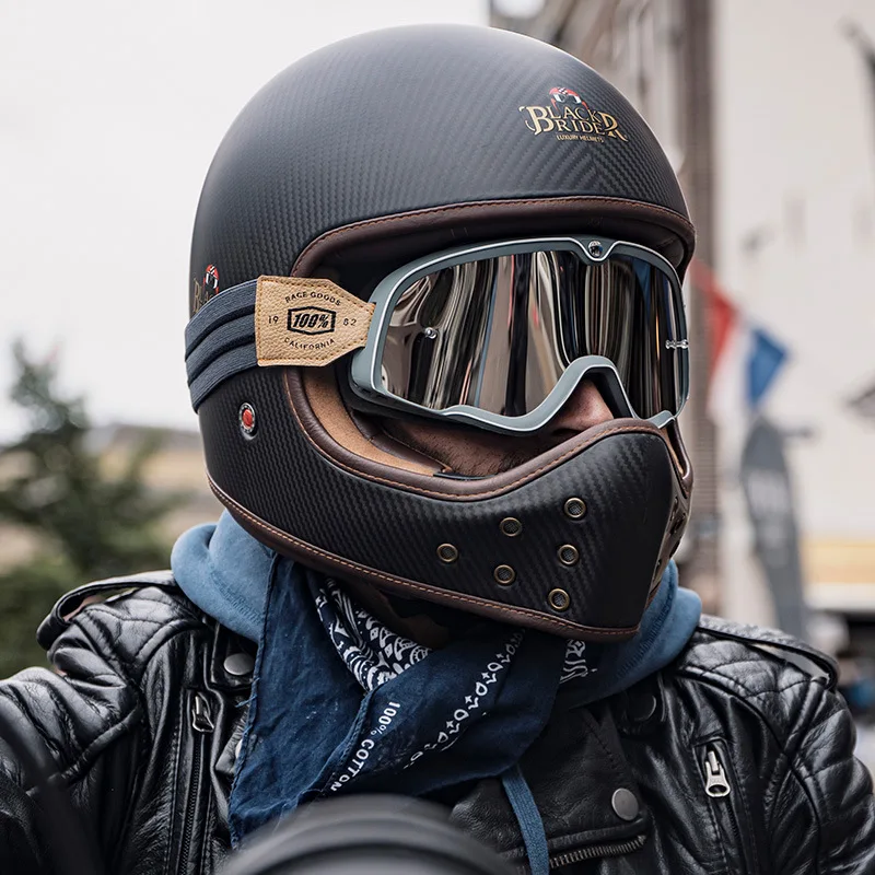 BEON Carbon Fiber Motorcycle Retro Full Helmet Men Women Motorcycle Helmets Locomotive Racing Winter Four Season Helm