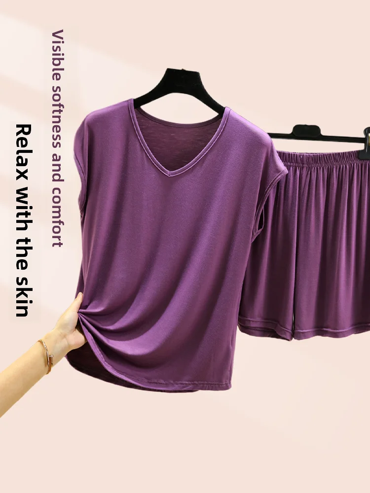 

Loose Modal Short Sleeve T-Shirt Shorts Set for Middle-Aged And Elderly V-Neck Home Clothes Air Conditioner Sleepwear