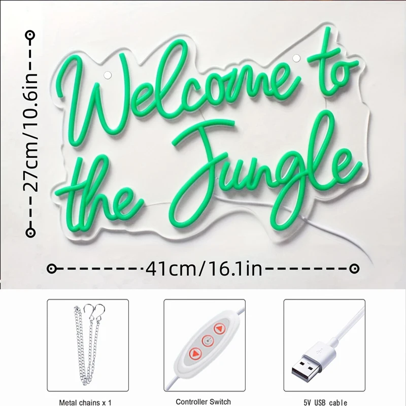 Benvenuti nella giungla Insegna al neon a LED Decorazione da parete verde Dimmerabile Alimentato tramite USB per la decorazione del negozio di piante da giardino, portico, bar