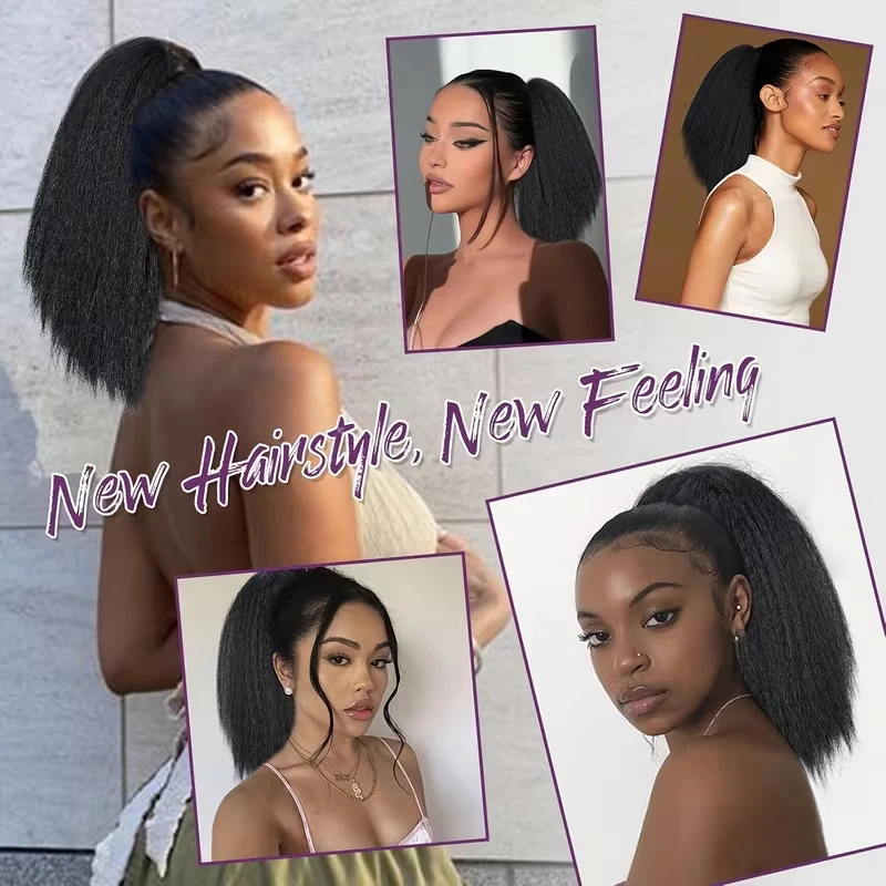 10Inch Synthetic Short Yaki Straight Drawstring Clip Hair Extensions Ponytail Black Fluffy Thick Ponytails For Black Women image 6