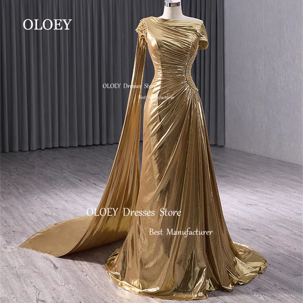 

OLOEY Elegant Golden Mermaid Evening Dress Arabic Pleats Satin Wedding Party Dress Formal Prom Gowns One Shoulder Custom Made