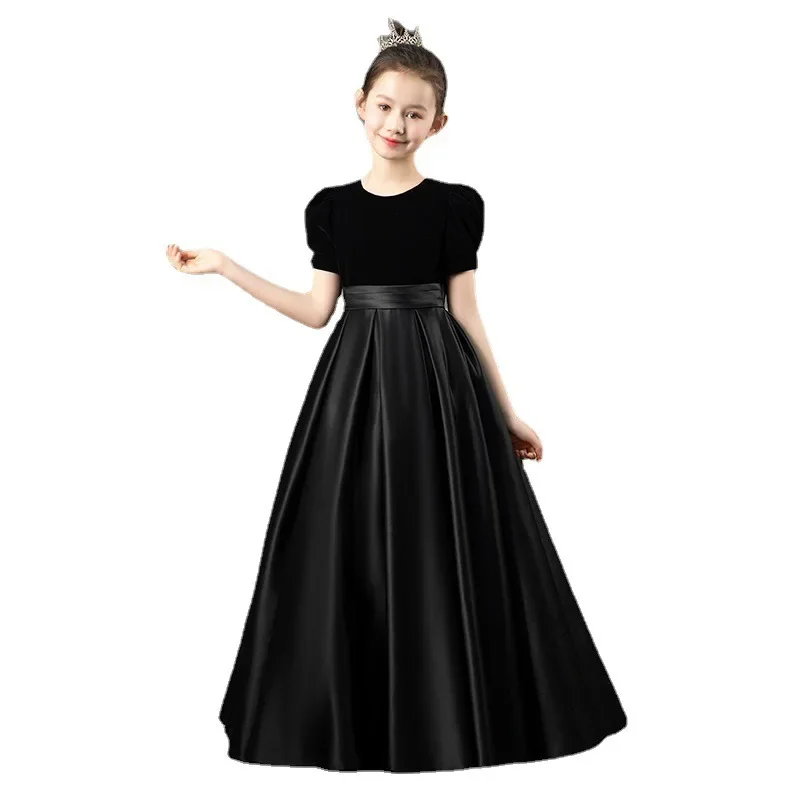 2024 elegant Stain Velvet Long Girl Dress For kids Children Pageant Ball Gown Wedding ceremony party piano Costume 12 14 Years