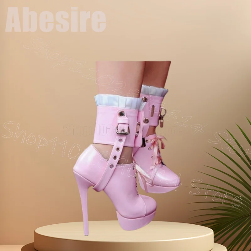 

Pink Belt Fastener Falbala Strappy Platform Boots Side Zipper Women Shoes Thin High Heels Party Banquet 2024 Zapatos Para Mujere