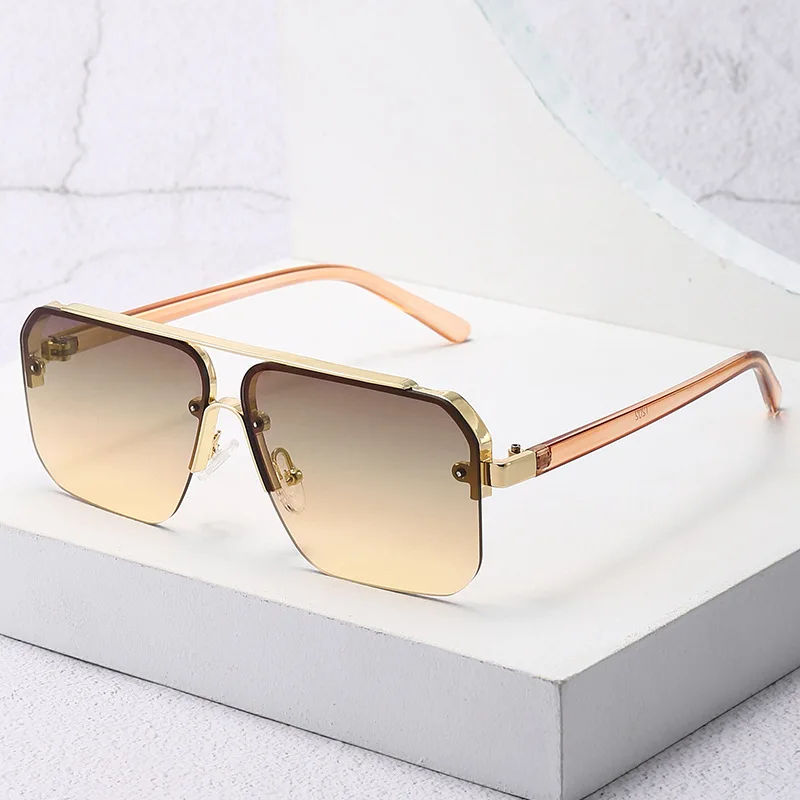 New Gradient Half-frame Sunglasses Men Fashion Metal Big Frame Sun Glasses Brand Design Luxury Square Women's Eyewear UV400