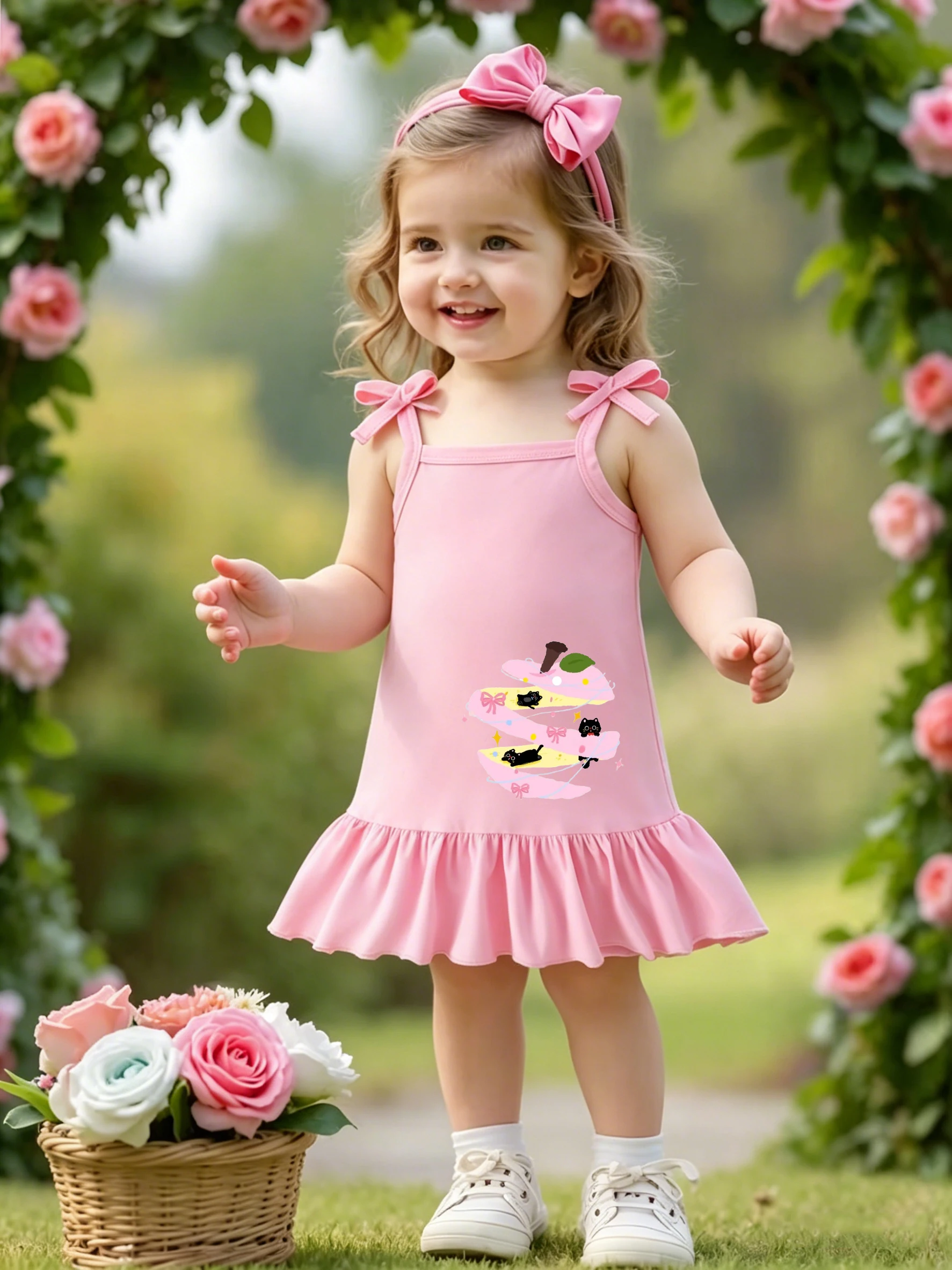 

Toddler Girls Pink Bow Strap Dress with Cute Cat & Cake Print