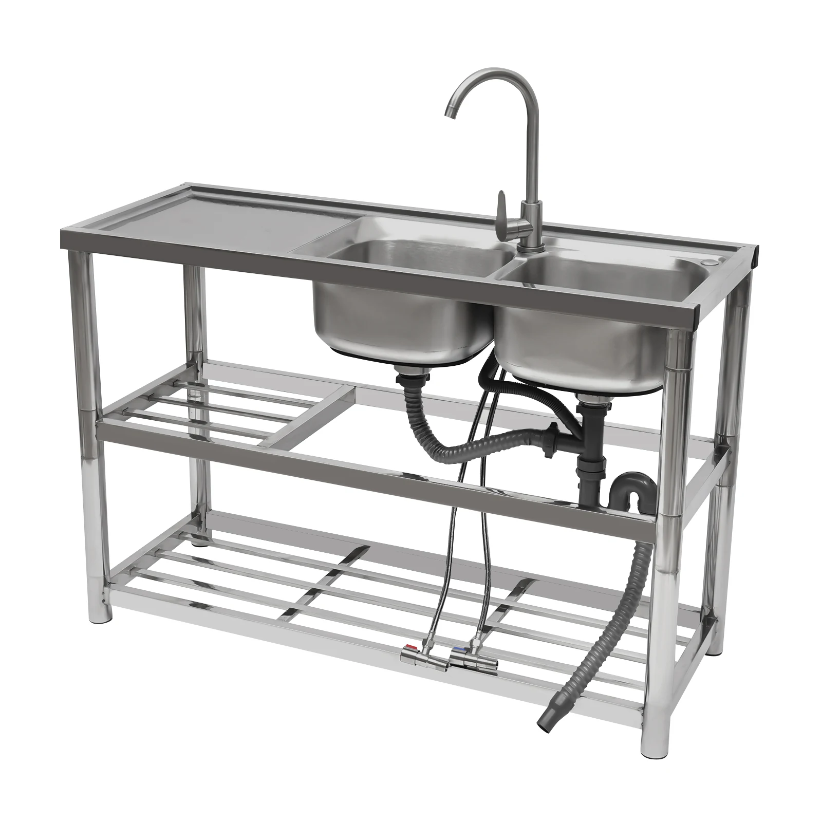 2 Compartment Stainless Steel Commercial Kitchen Sink Restaurant Utility Sink Dish Washing Disinfection Pool w/ Standing Rack