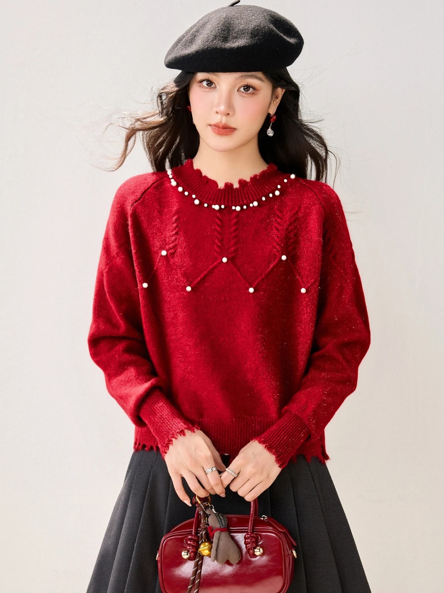 

2025 Winter Collection Features A New Red Base Sweater For The Zodiac Year With Beautiful Beaded And Elegant Unique Women'S Top