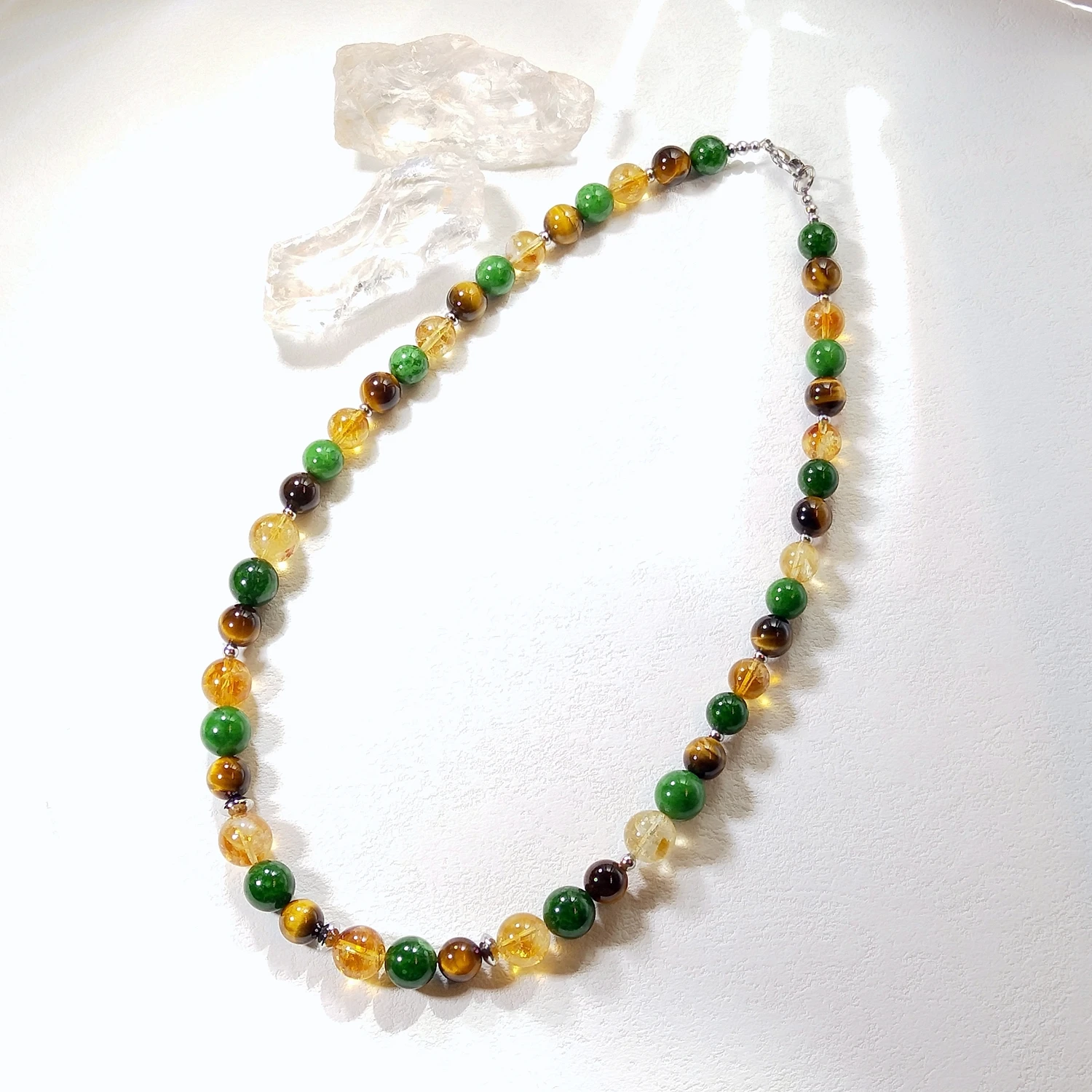 Lii Ji 10mm/12mm Green Jade Citrine Tiger's Eye Multi Stone Stainless Steel Necklace 56cm Trendy Bohe Necklace For Male