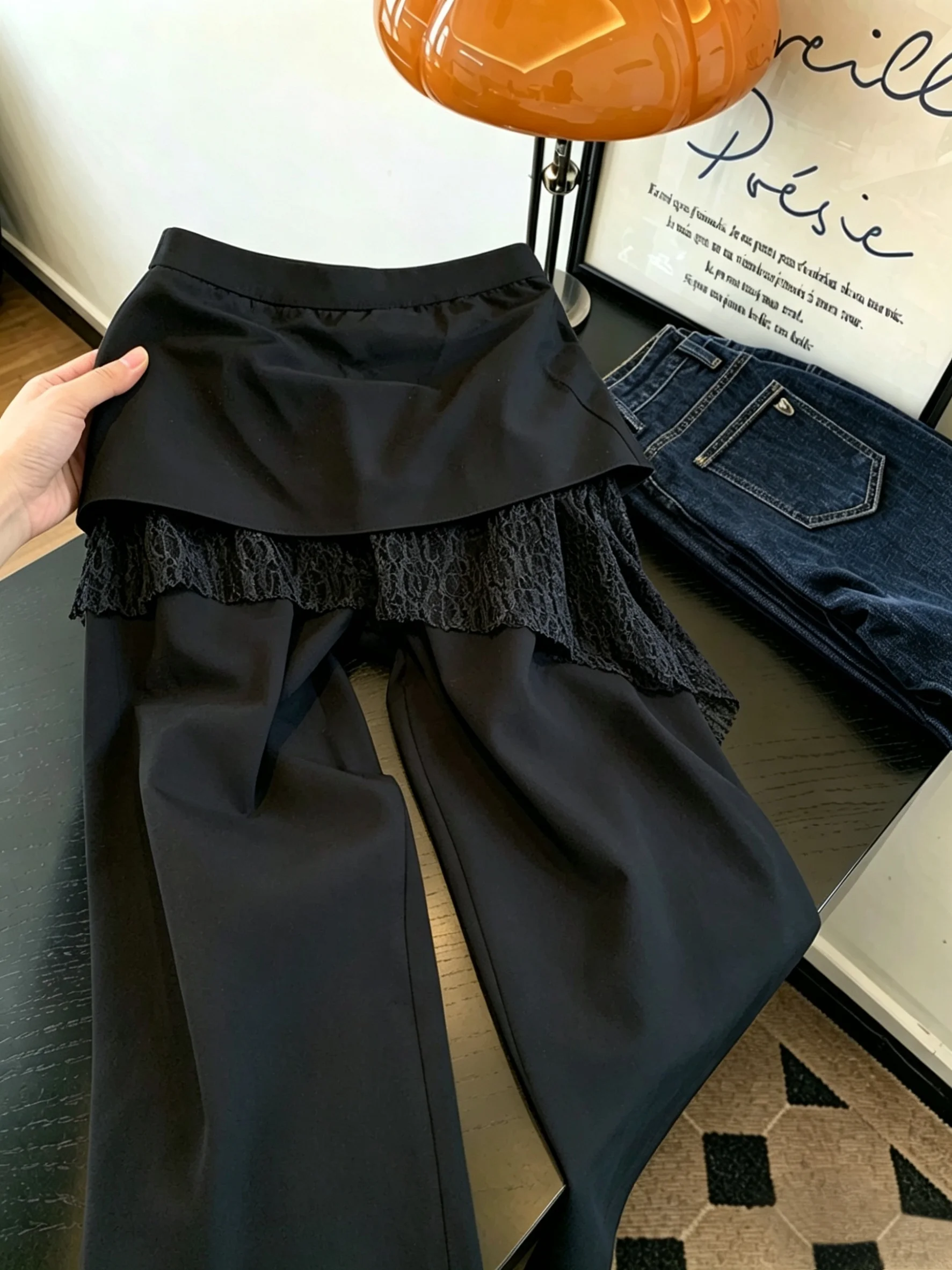 

Retro High-End Black Lace Splicing Casual Pants Men Women Summer Loose Slimming Wide Leg Pants Asymmetrical Straight Leg