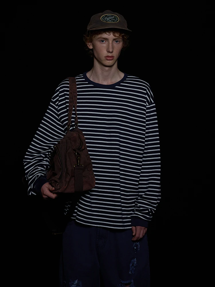 

Classic Retro Striped Long Sleeve T-Shirt Partimento Shoulder Drop round Neck Casual Versatile Cotton Youth Trend Autumn Commute