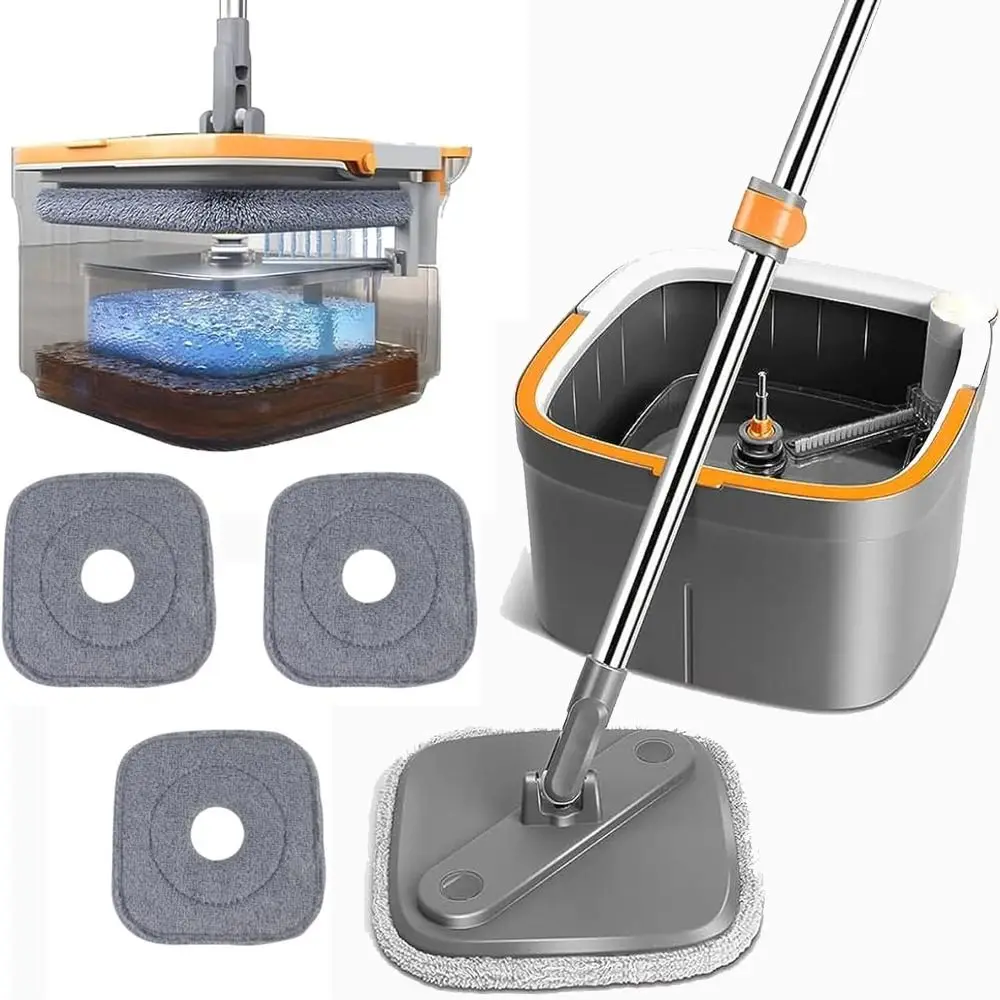 Mop Bucket with Wringer Square Spin Mop 360 Degree with Washable Microfiber Pads Self Wash Spin Mop Adjustable Rotatable