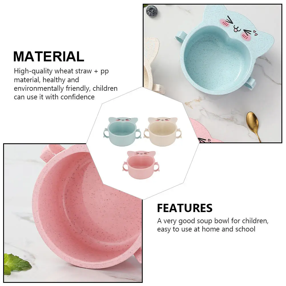 

3Pcs Double Handle Children Bowls Cartoon Cat Shaped Feeding Bowls Durable Wheat Straw PP Material Tableware Cartoon Soup Bowl