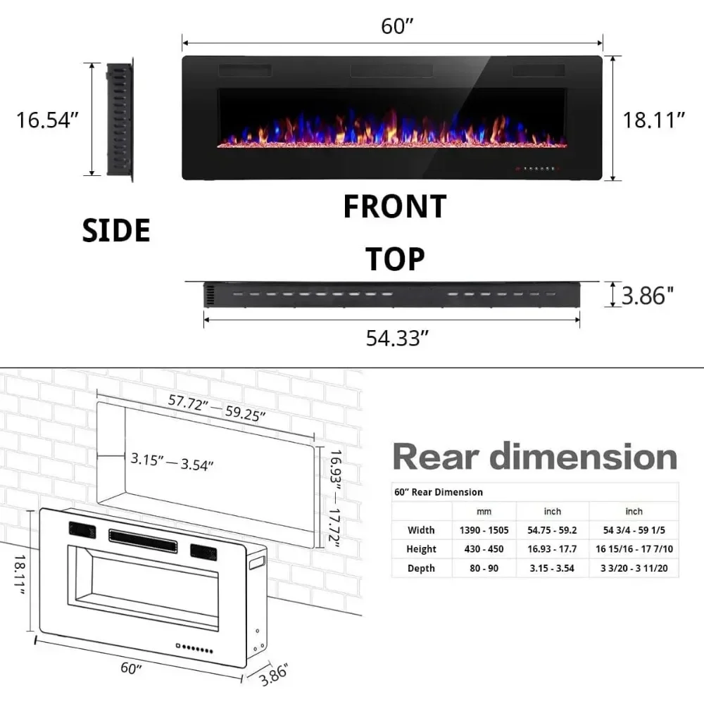 เตาผิงไฟฟ้า 60" แบบฝังและติดผนัง, เสียงต่ํา, หน้าจอสัมผัส, เตาผิงไฟฟ้าสีเปลวไฟที่ปรับได้