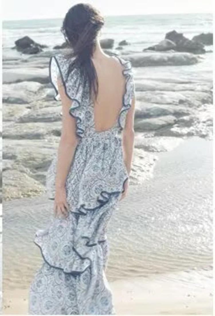 BB6404 ZA25 فستان نسائي صيفي جديد مفتوح الظهر ورقبة دائرية وأكمام طائرة مطبوع كبير سوينغ فستان فرنسي 1272806