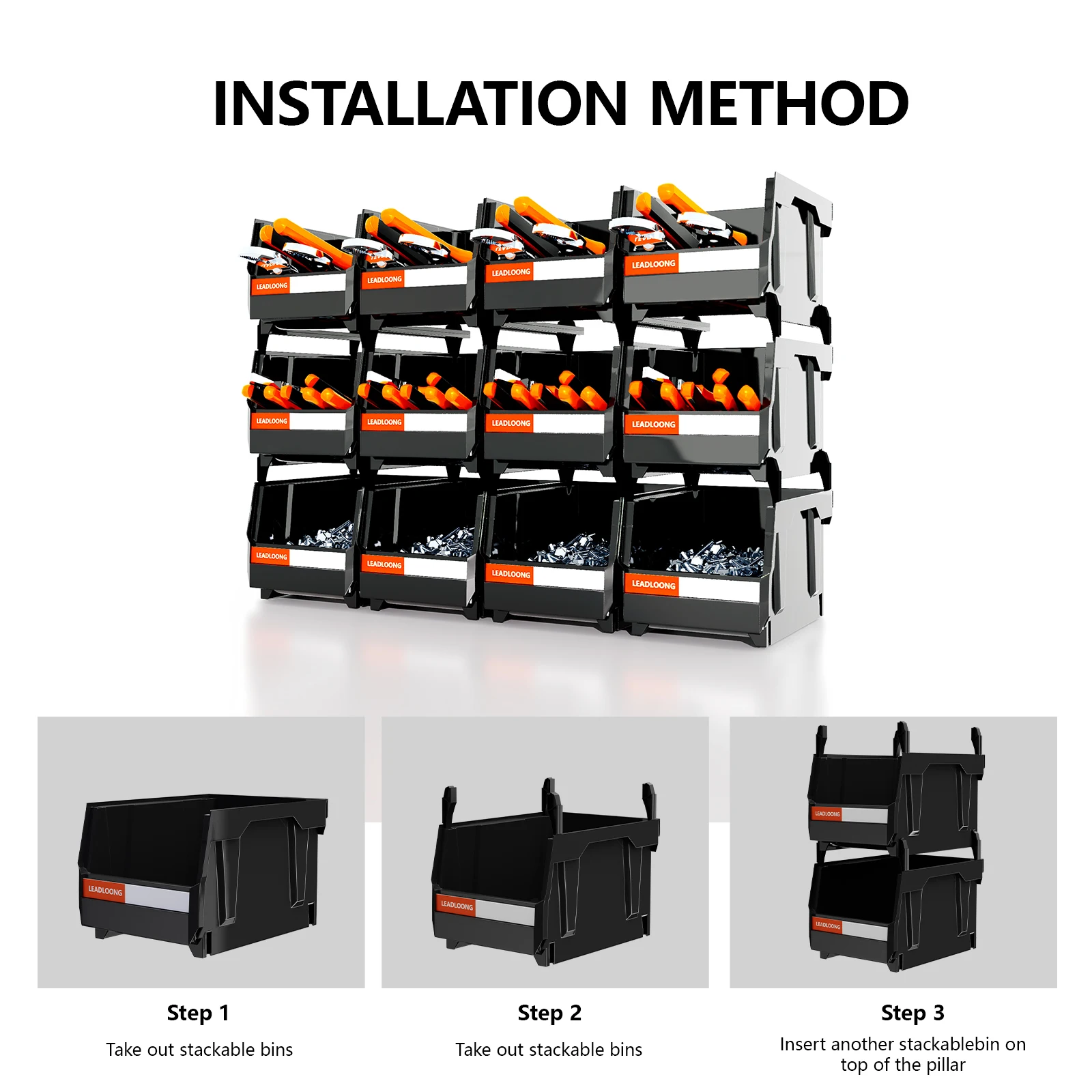 12Pcs 8"x5"x4" Stackable Plastic Storage Bins - Multipurpose Organizer for Garage Tools, Kitchen Sundries & Car Accessories