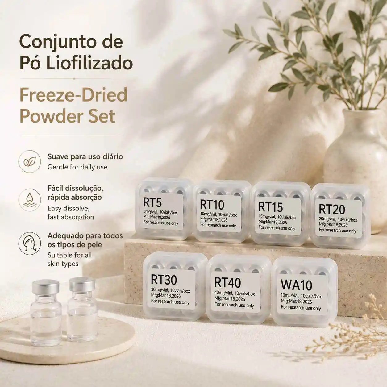 (Cap Color Varies) High-Quality Lyophilized Powder Kit (5mg, 10mg, 15mg, 20mg, 30mg, 40mg) — Includes RT Pure Water and WA10 Pur