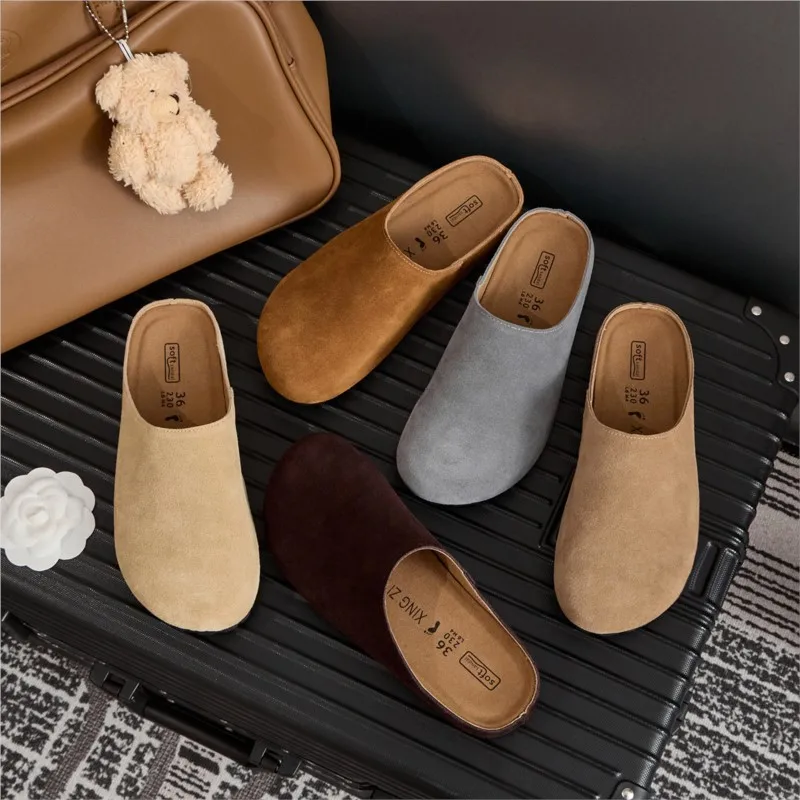 Cowhide velvet covered slippers leather row wind soft surface lazy man a slip-on thick sole big head half slipper woman