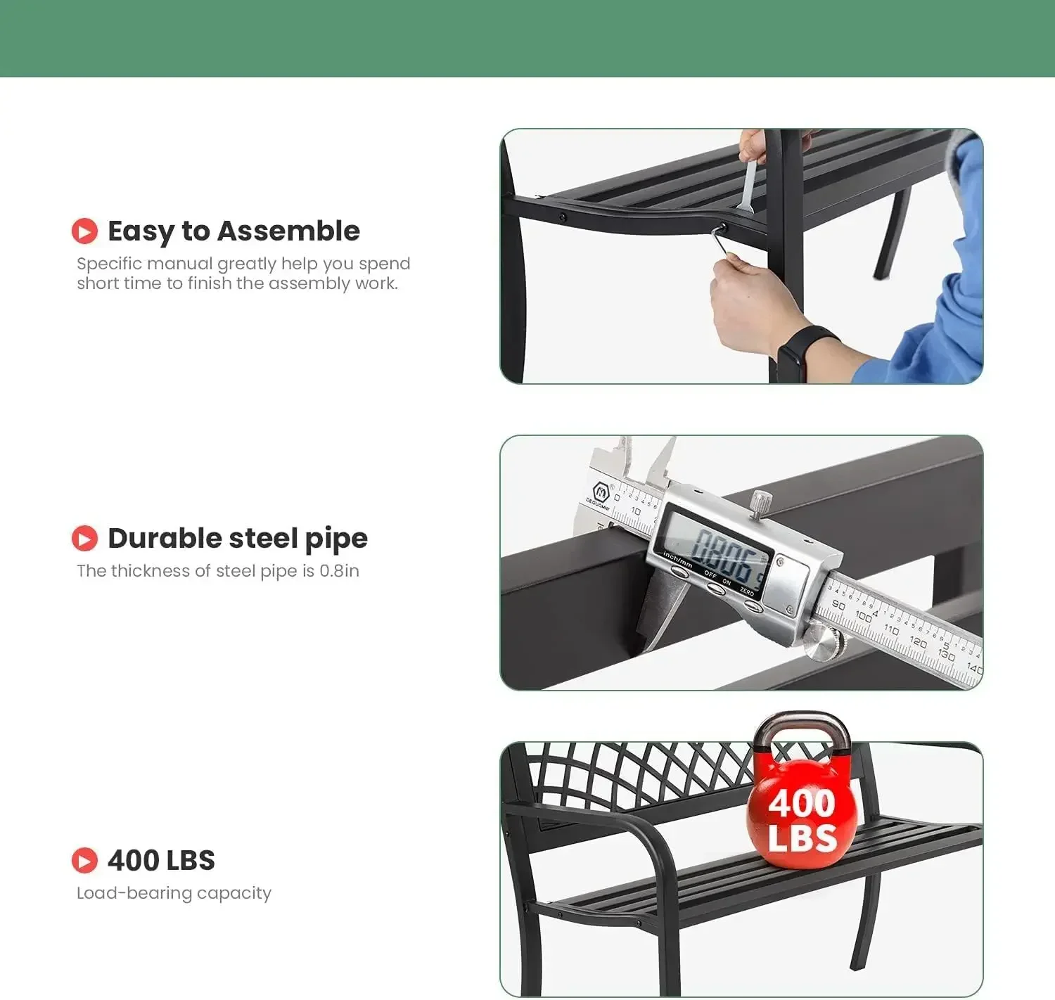 Garden Bench,Outdoor Benches,Iron Steel Frame Patio Bench with Mesh Pattern and Plastic Backrest Armrests ,Black