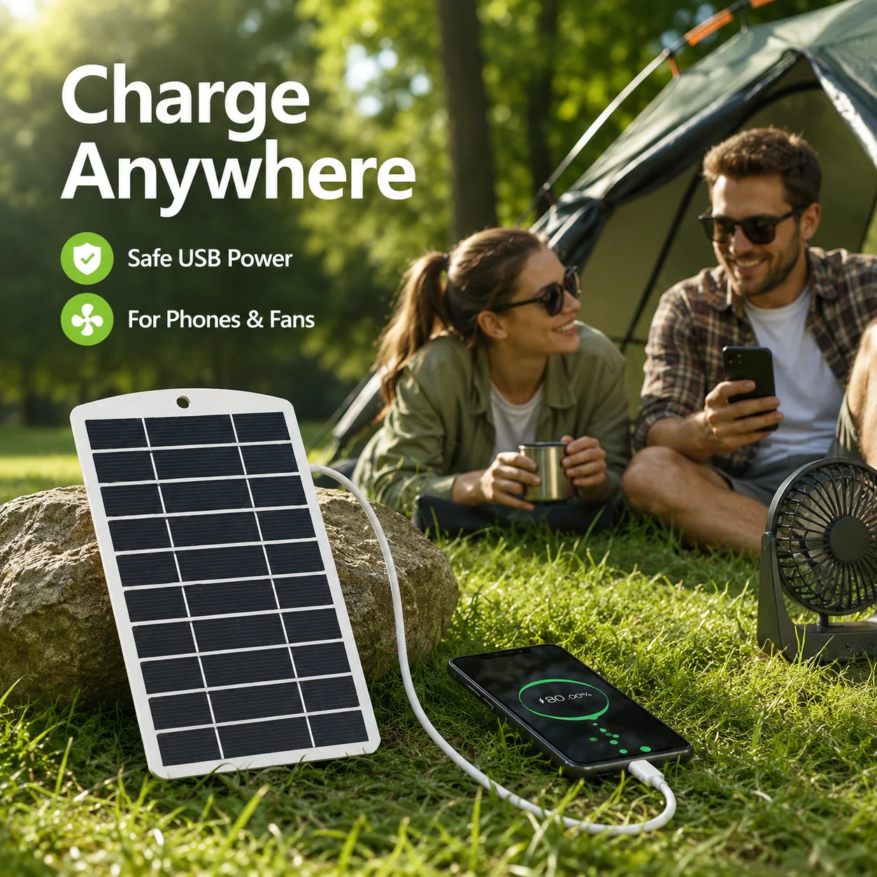 Panneau de charge solaire portable avec sortie USB, source d'alimentation sûre pour charger les téléphones portables, les lampes de poche et les ventilateurs lors d'activités de plein air.