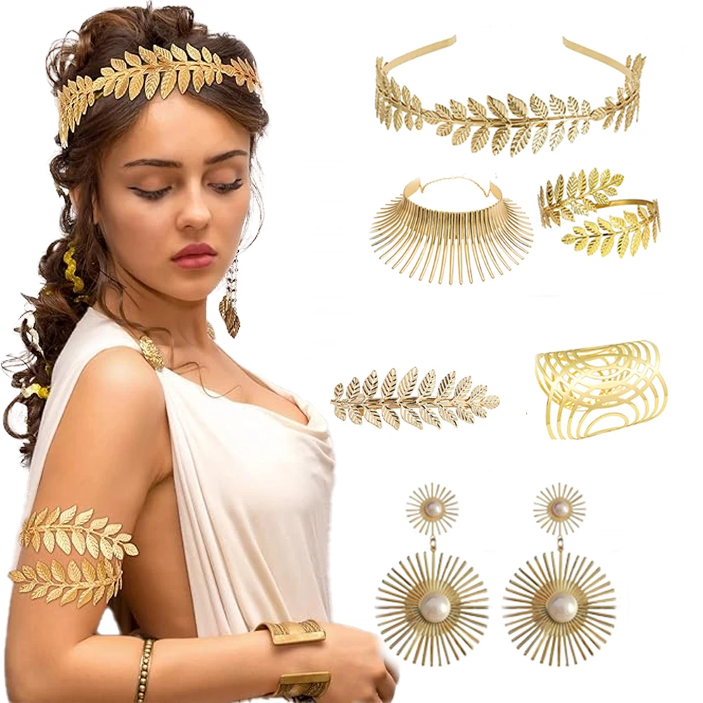 

PESENAR Greek Goddess Costume Accessories Women Toga Golden Leaves Bridal Crown Headband Bracelet Pearl Earrings and Hair Pins